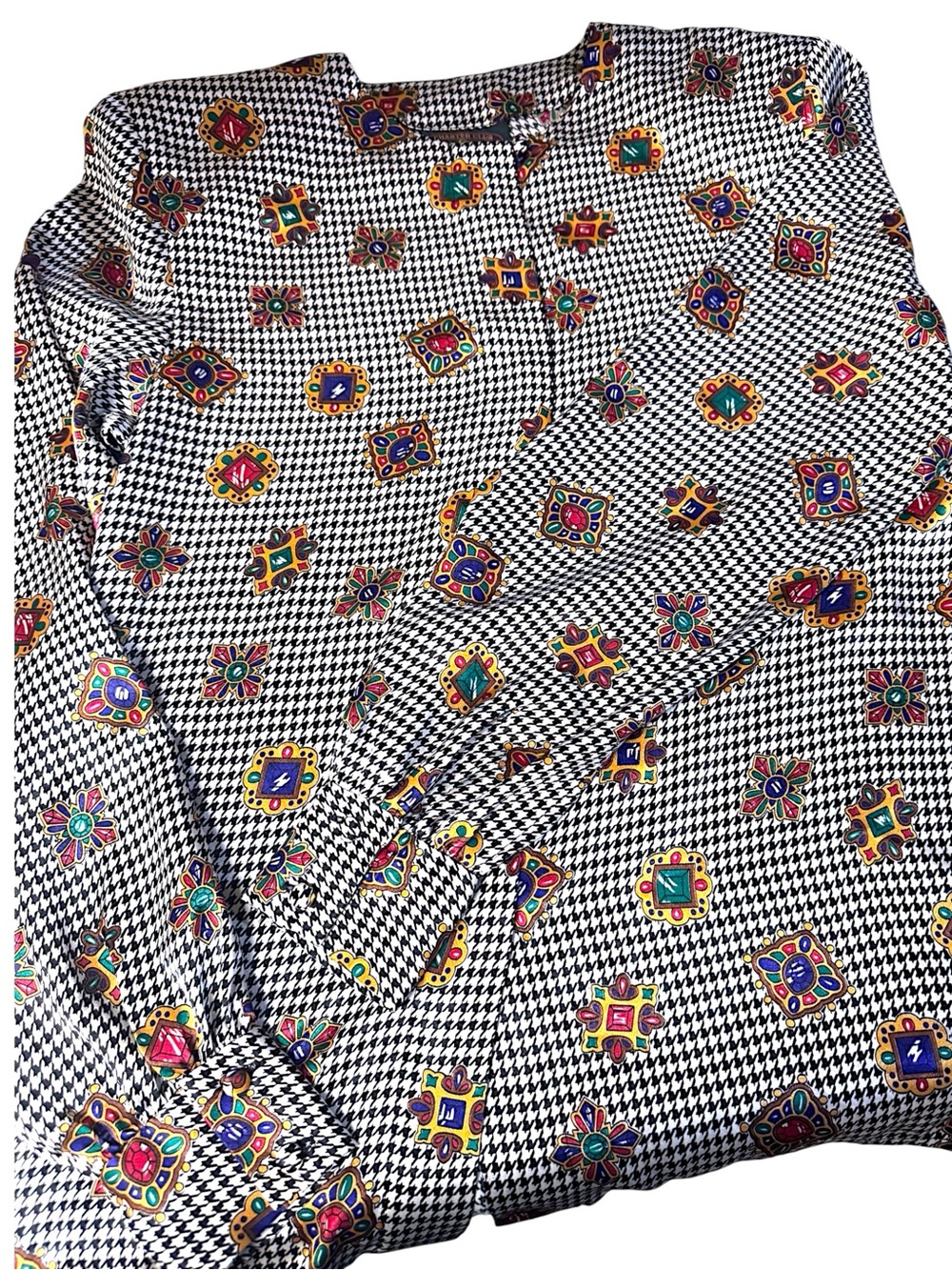 CHARTER CLUB by Jane Justin Late 80’s Houndstooth Blouse w/Jewel Medallions Sz 4